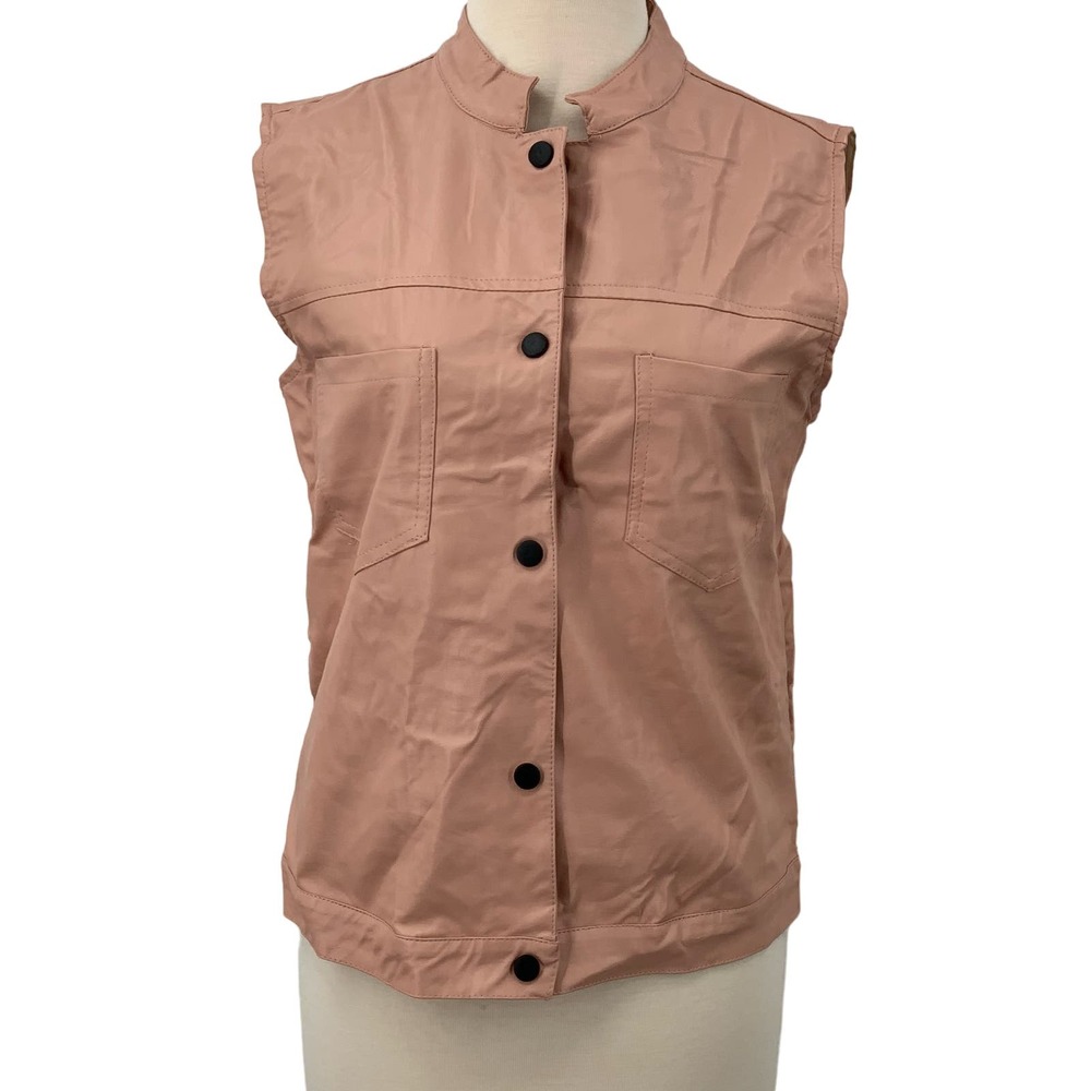 Lan & Berry Women's Sleeveless Faux Leather Snap Front Vest Pink Pockets S‎